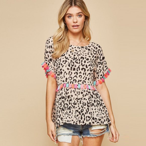 Leopard Babydoll Top with Multicolor Tassels - Picture 2 of 6